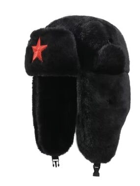 Black Faux-Fur Trooper Hat with Red Star